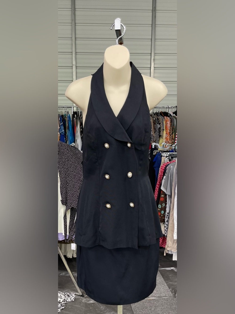Vintage -Sleeveless Double-Breasted Black Top&Skirt wPearl Buttons
